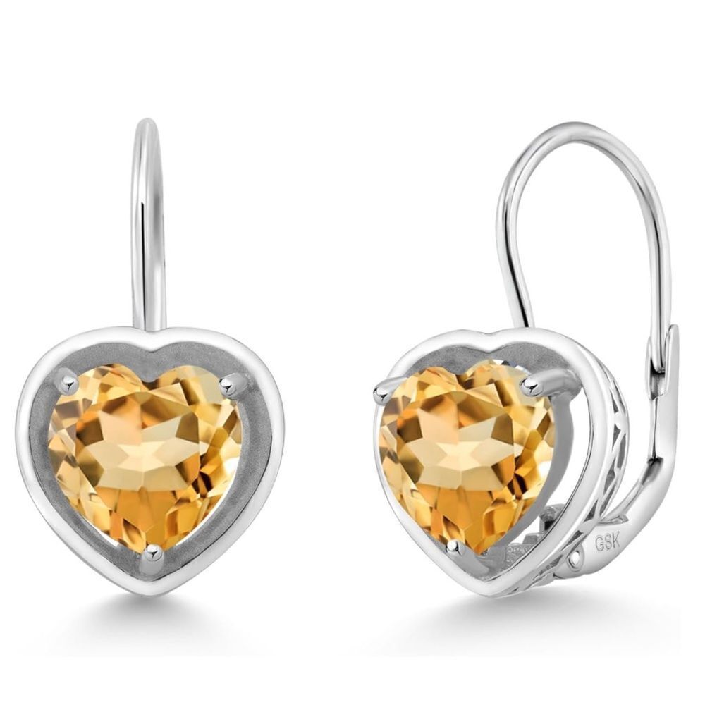 925 Sterling Silver with 2.00 Cttw 7MM Citrine Heart Leverback Drop Earrings